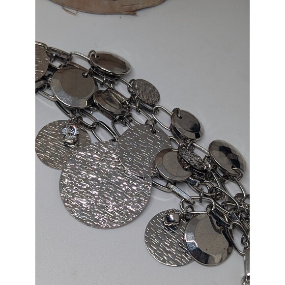 Vintage MultiChain Metal Silvertone Hammered Discs~Crystal Charm Toggle Bracelet - Picture 5 of 6